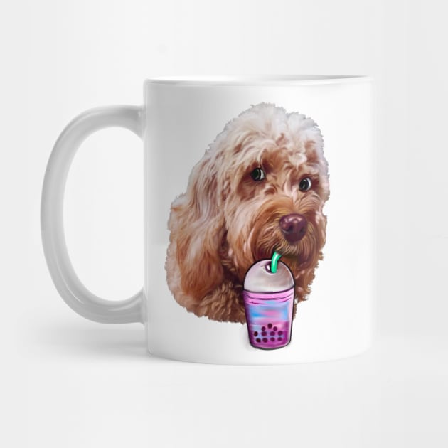 Cavapoo Cavoodle puppy dog sipping Bubble tea  - funny cute cavalier king charles spaniel poodle, puppy love by Artonmytee